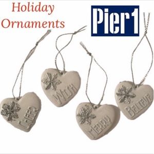 Pier 1 Holiday Cheer Christmas Hearts Christmas Ornaments White Silver 4 Pc Set